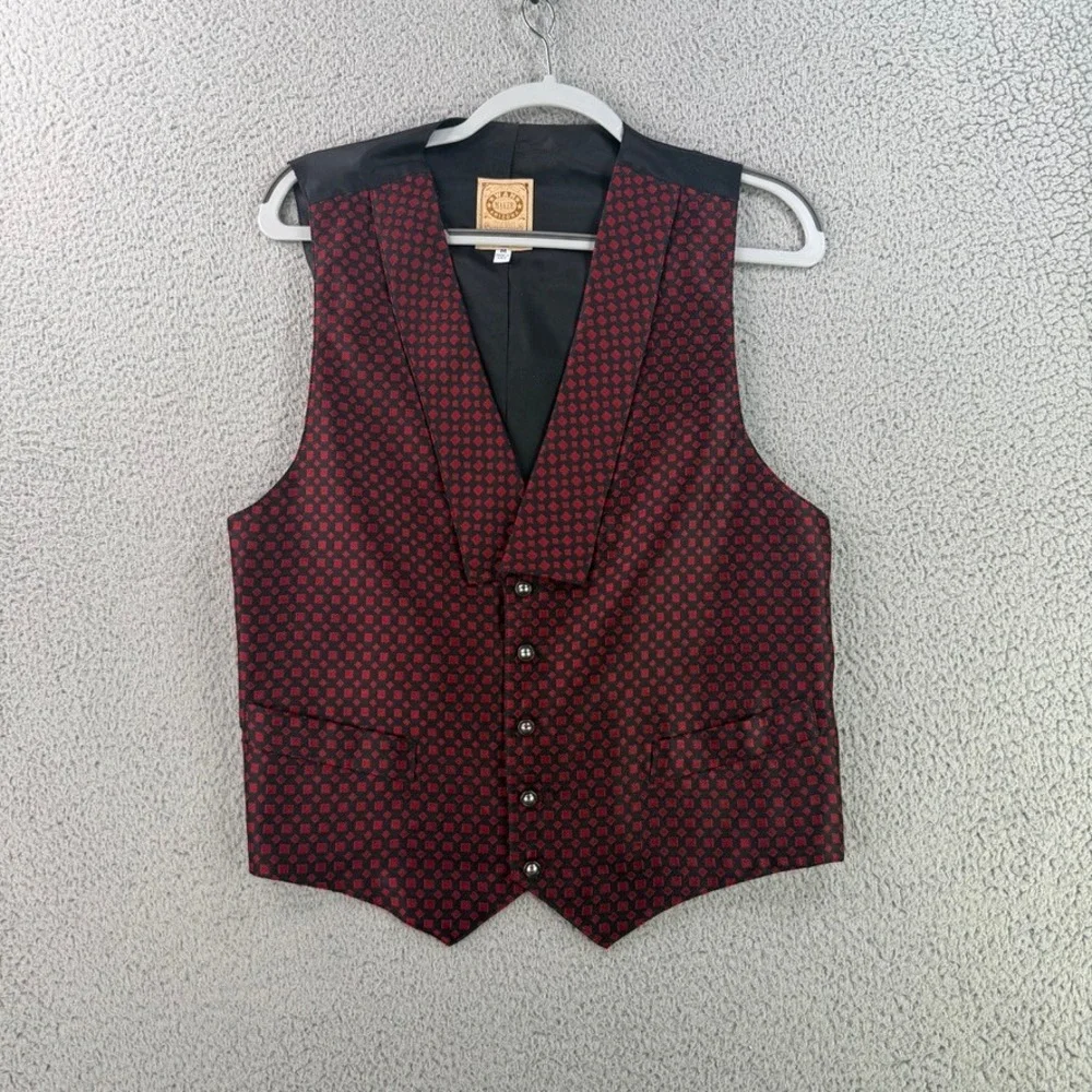 Wah Maker Vest Mens Medium Red Black Geometric Western Victorian Waistcoat 10094